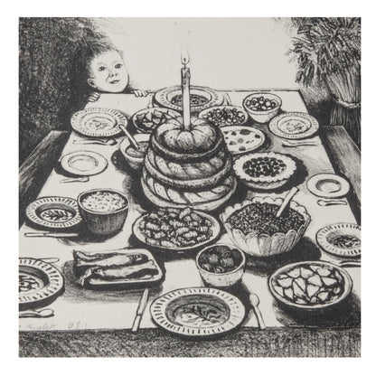 William Kurelek, Ukrainian Christmas Eve Feast, 1973, one-colour lithograph, Open Studio Proof O.S. 1, signed by the artist.