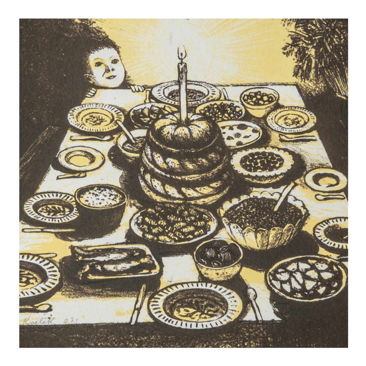 William Kurelek, Ukrainian Christmas Eve Feast (colour), 1973, two-colour lithograph in brown and yellow tones, Open Studio Proof O.S. 1.