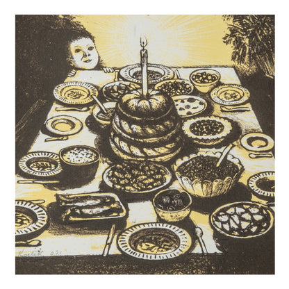 William Kurelek, Ukrainian Christmas Eve Feast (colour), 1973, two-colour lithograph in brown and yellow tones, Open Studio Proof O.S. 1.