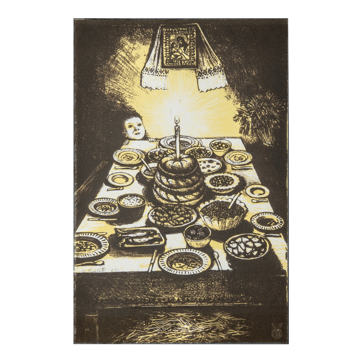 William Kurelek, Ukrainian Christmas Eve Feast (colour), 1973, two-colour lithograph in brown and yellow tones, Open Studio Proof O.S. 1.