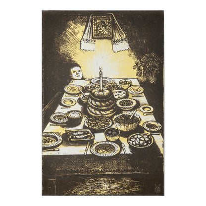 William Kurelek, Ukrainian Christmas Eve Feast (colour), 1973, two-colour lithograph in brown and yellow tones, Open Studio Proof O.S. 1.
