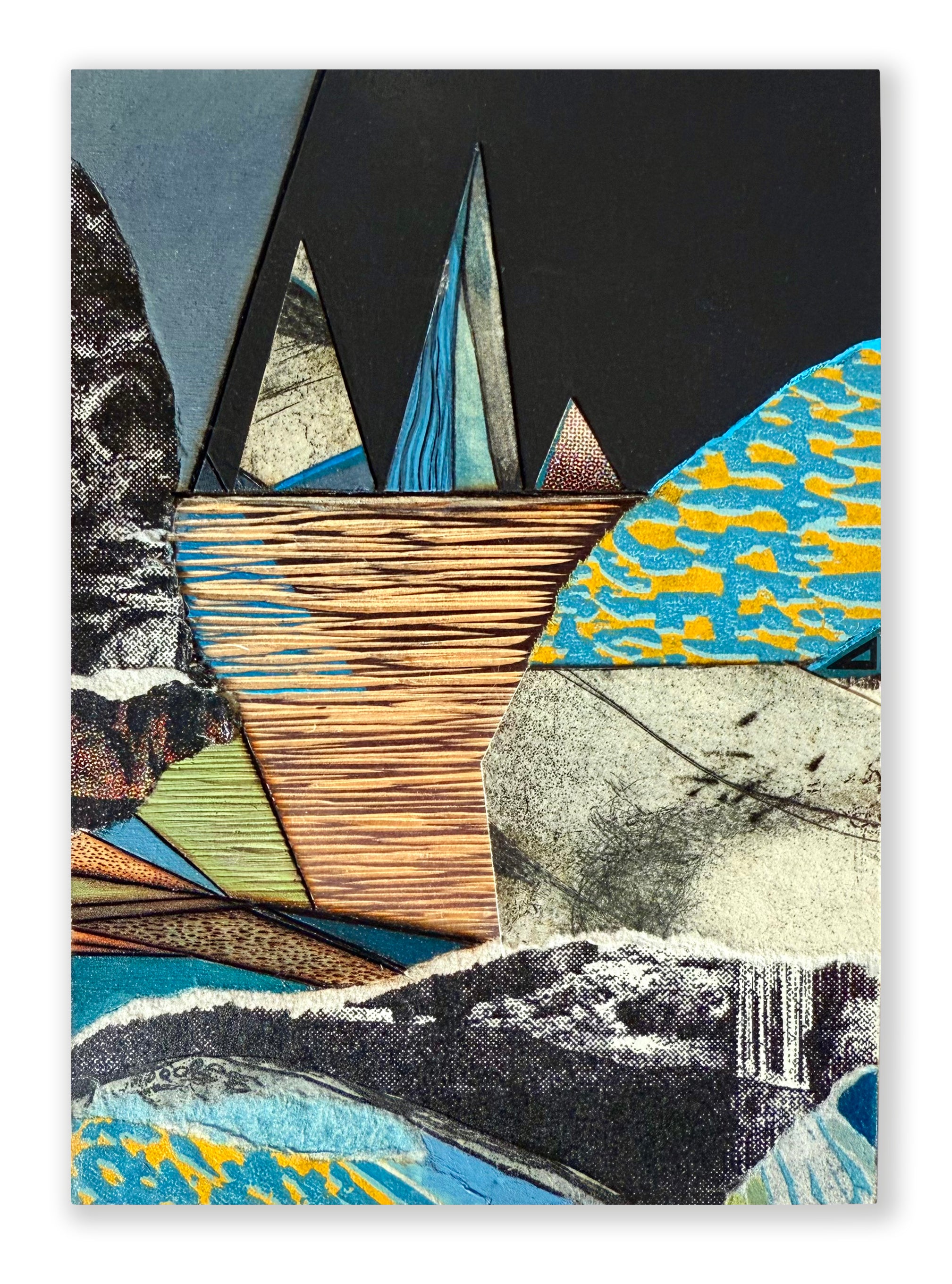 Laura Bydlowska, Glacier Gulf, 2018, etching, linocut and screenprint collage; ink, gouache, wood carving, pyrography on wood panel, 7