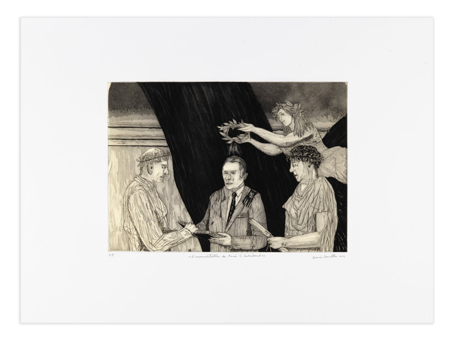 Mario Doucette, L'assermentation de Louis J. Robichaud, 2016, etching, aquatint, FP (Fundraising Proof), size: 18" x 24".