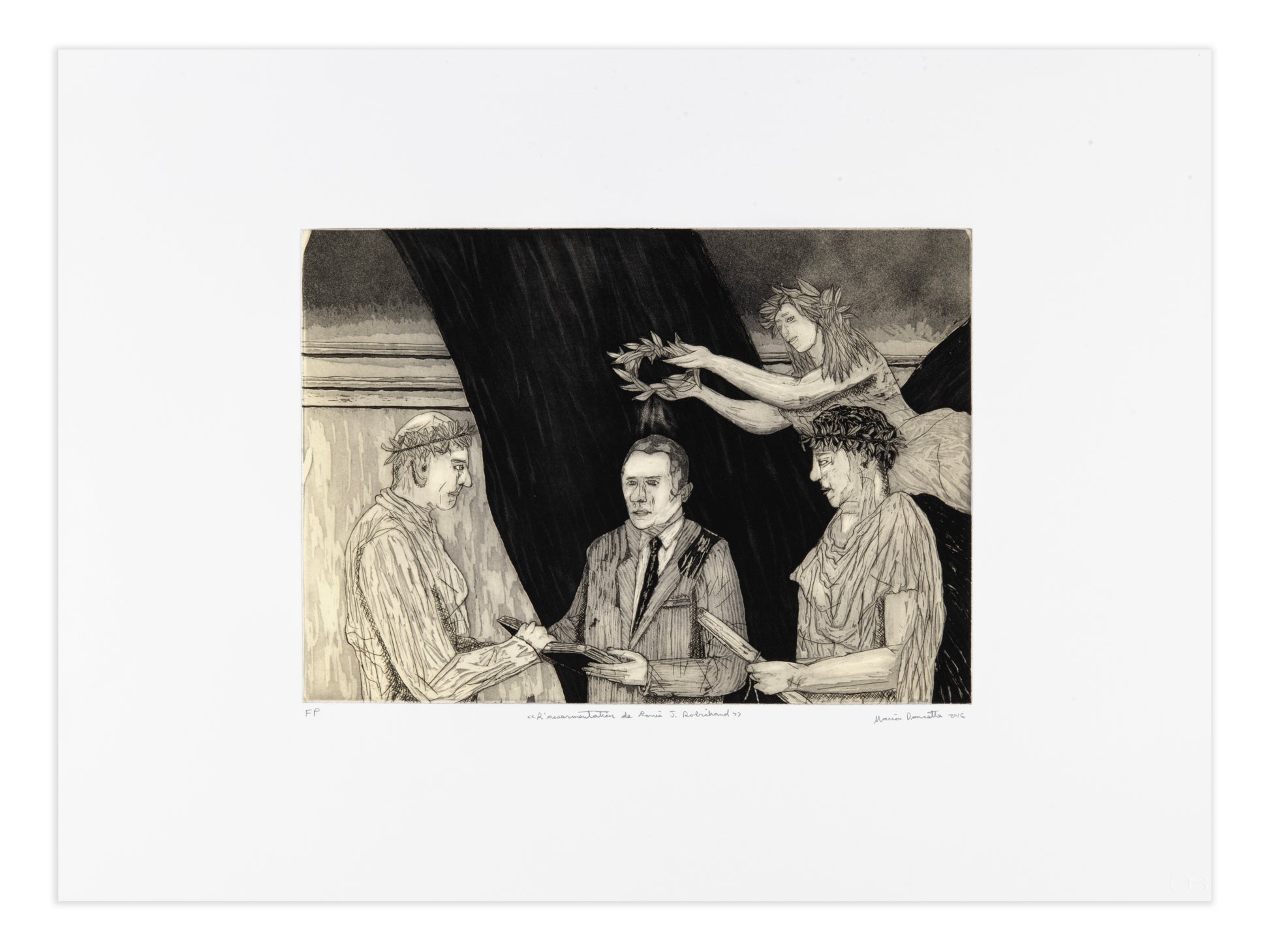 Mario Doucette, L'assermentation de Louis J. Robichaud, 2016, etching, aquatint, FP (Fundraising Proof), size: 18" x 24".