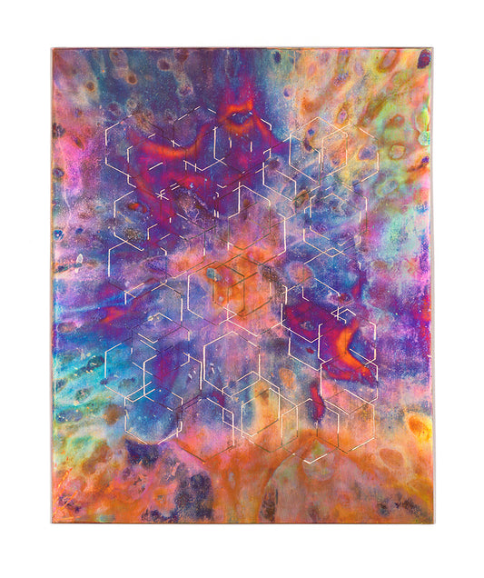 Isabel M. Martínez, Looking at a Glass of Still Water #2, 2023, etched copper, heat, oxidation, light-sensitive compound, UV protection topcoat, edition: unique work, size: 10” x 8”