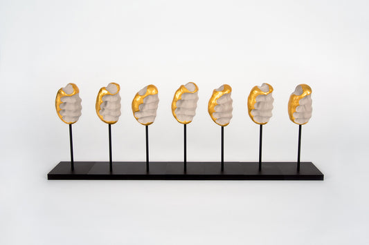 Artist: Isabel M. Martínez
Title: Lunes es por Luna/Monday is for Moon
Date:&nbsp;2025
Medium: clay, 24K gold leaf, gelatin silver film negative, steel, acrylic
Edition: 1/2
Size: variable; approx. 22" across, 9" tall, and the base is 3" wide