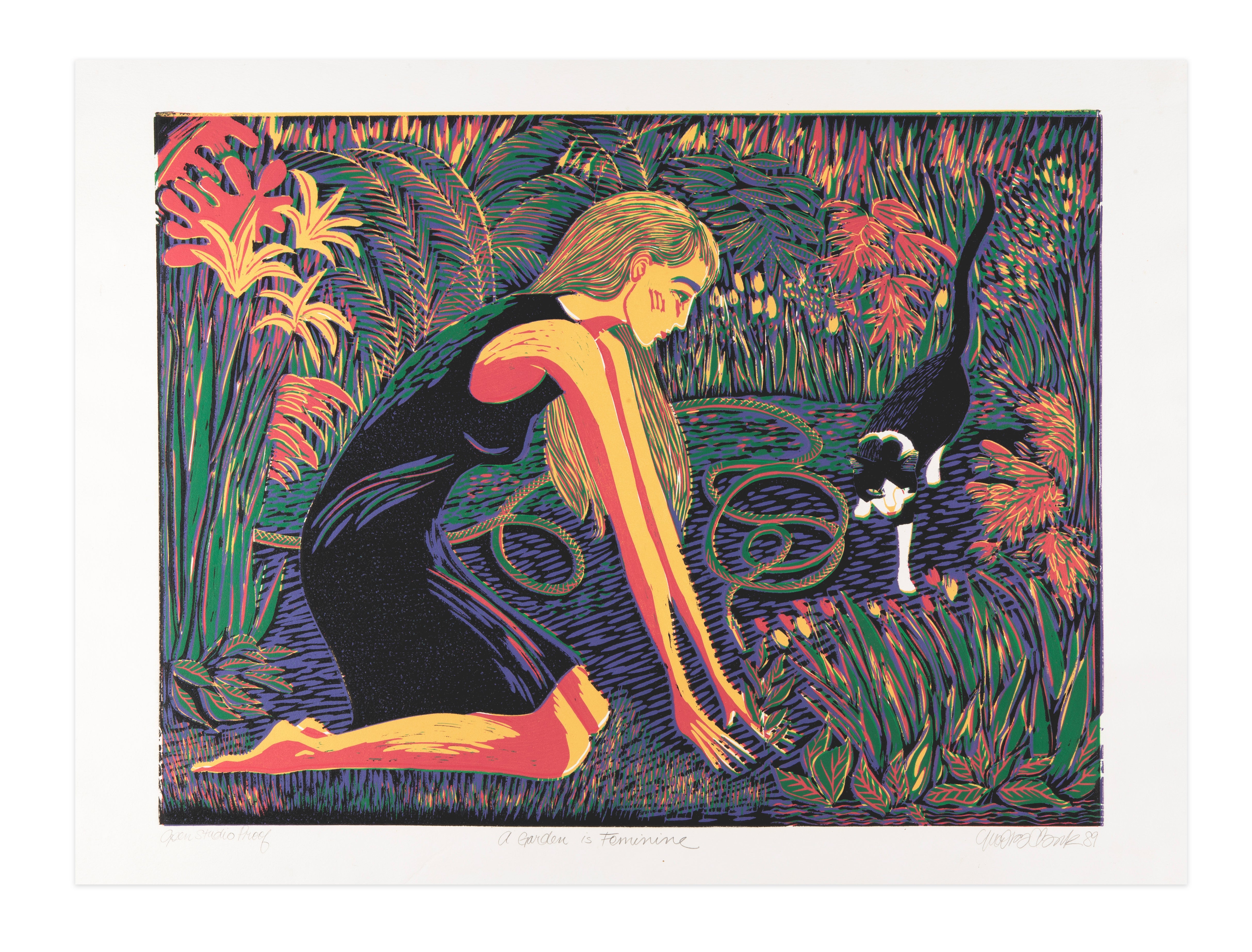 Moira Clark, A Garden is Feminine, 1989, linocut, OSP, 22