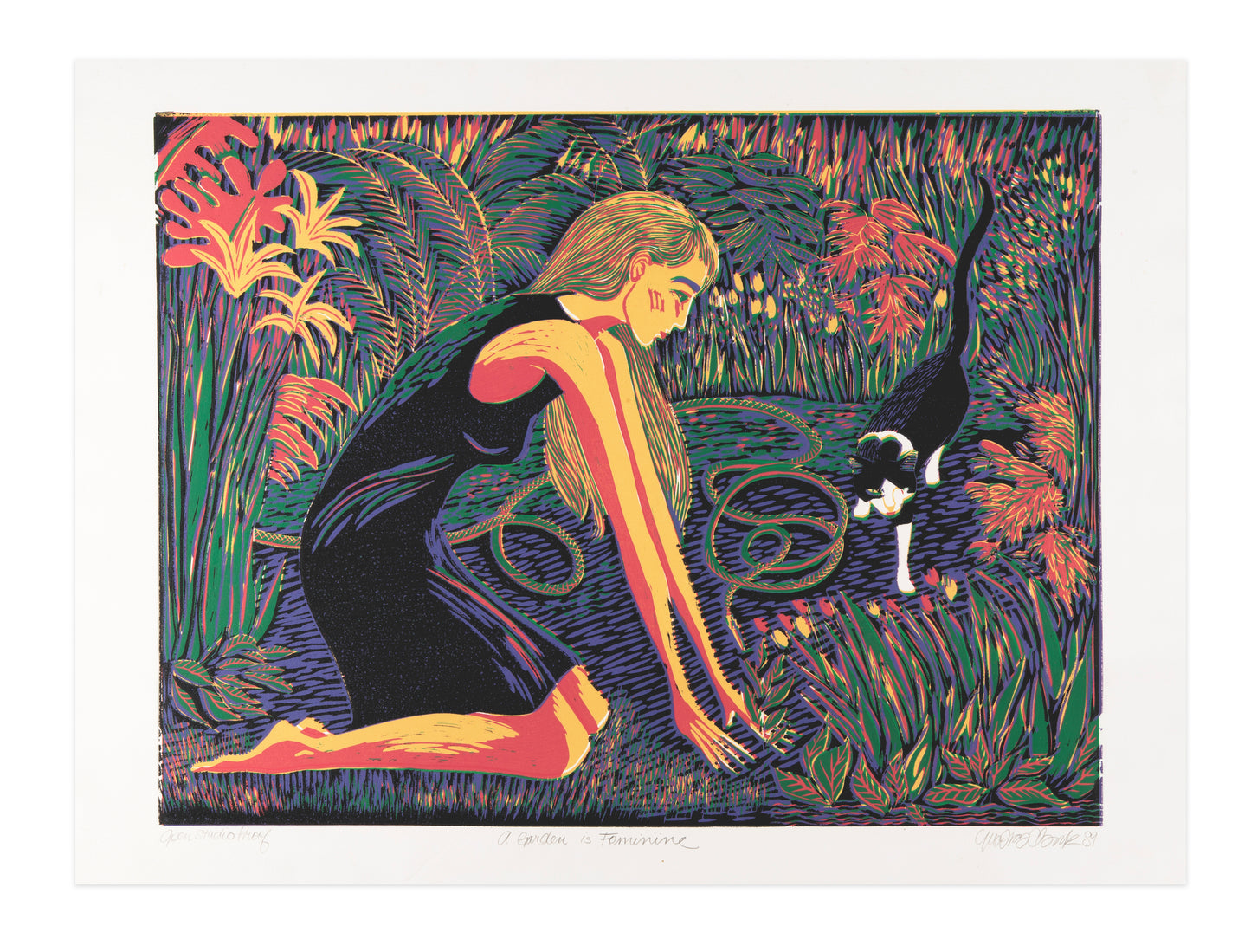 Moira Clark, A Garden is Feminine, 1989, linocut, OSP, 22" x 30"