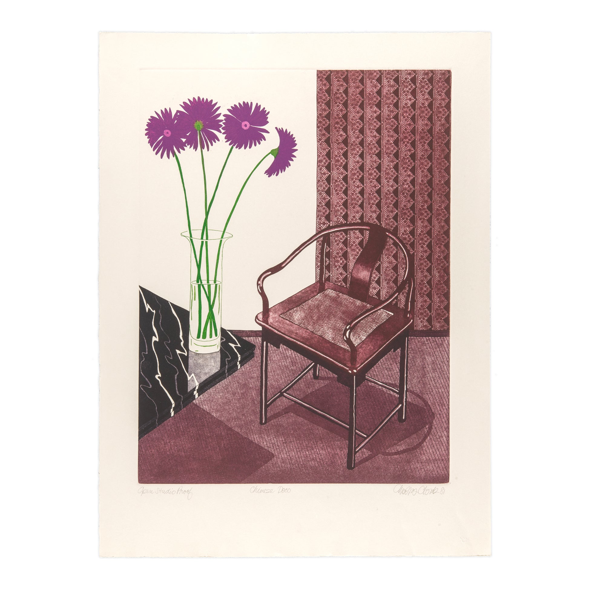 Moira Clark, Chinese Deco, 1981 etching, Open Studio Proof, 30" x 22".