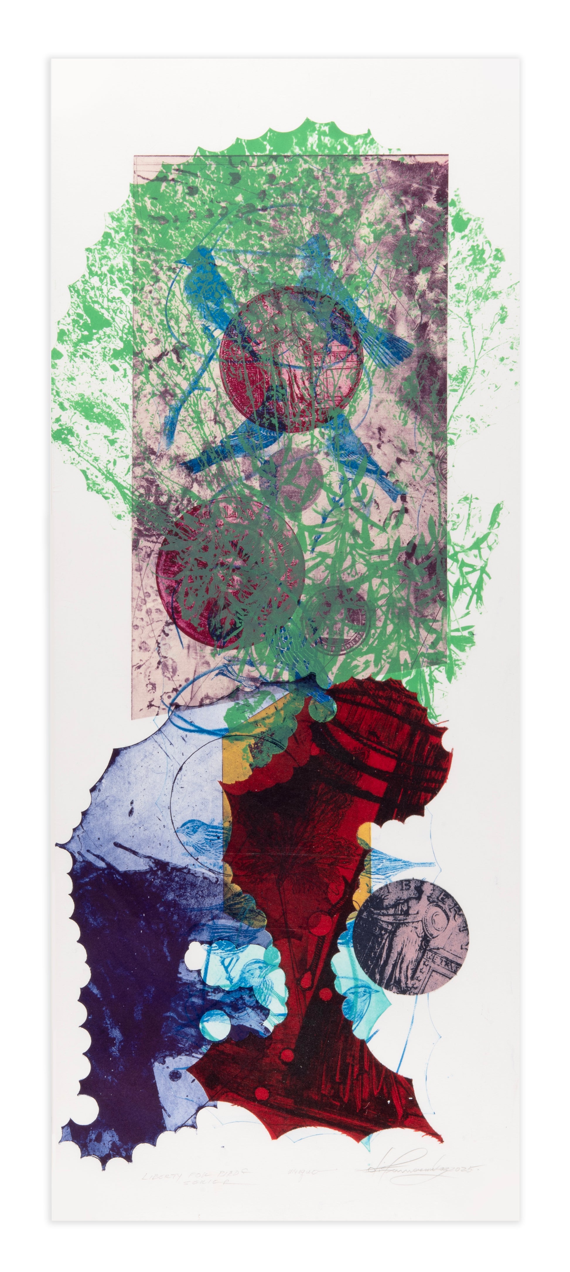 Otis Tamasauskas, Liberty for Birds, 2025, lithograph with collage fabrics, edition: 1/1, paper size: 30" x 12"