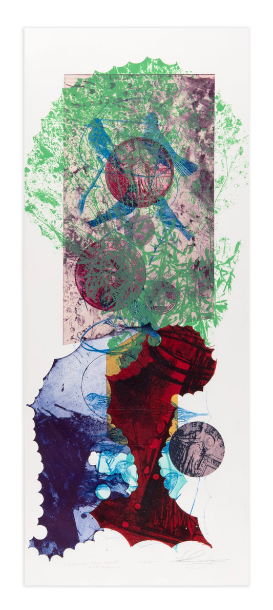 Otis Tamasauskas, Liberty for Birds, 2025, lithograph with collage fabrics, edition: 1/1, paper size: 30" x 12"