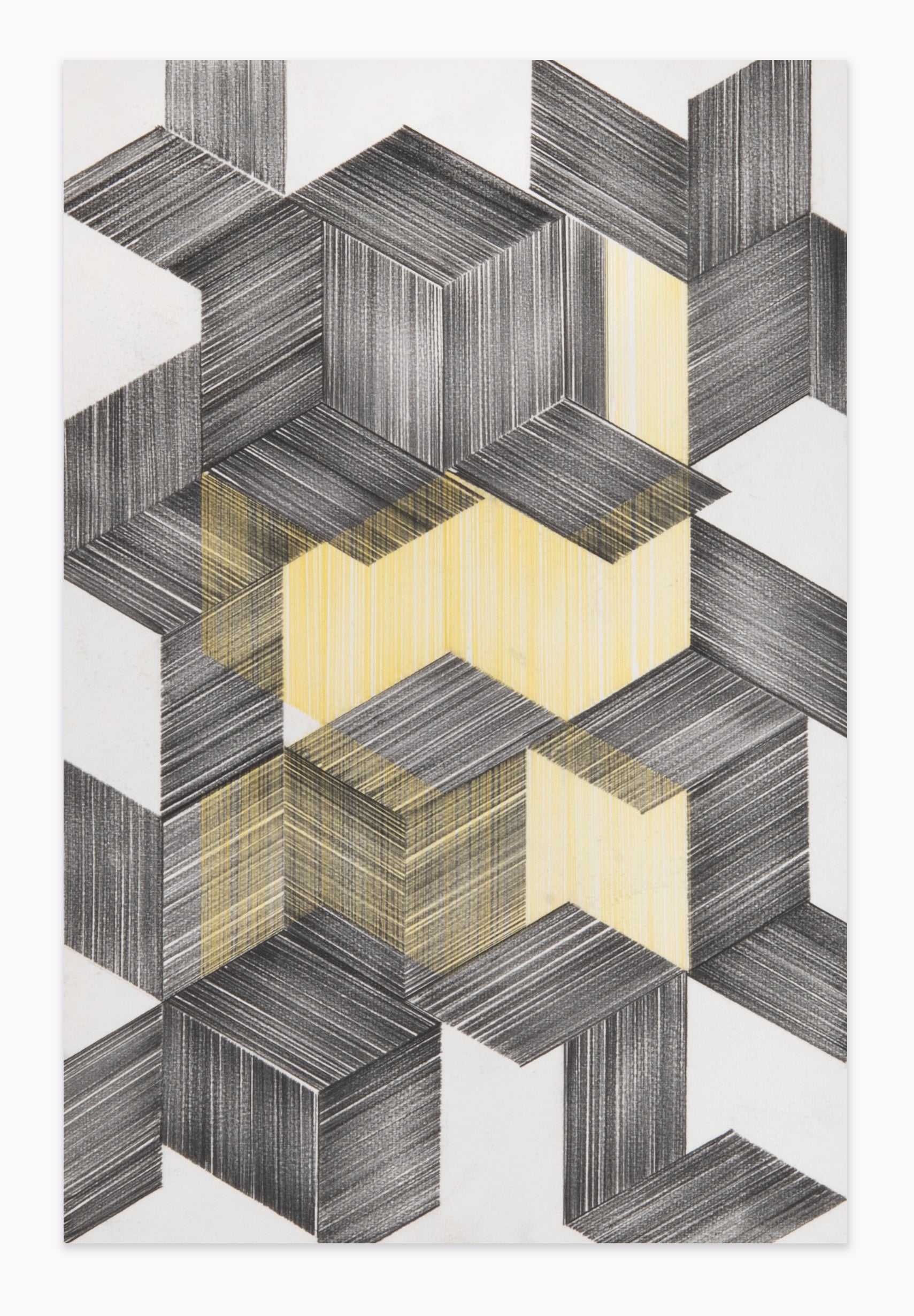 Panya Clark Espinal, Two Equal Volumes (Graphite and Yellow), 2017, graphite and yellow coloured pencil lead on paper, 15" x 10".