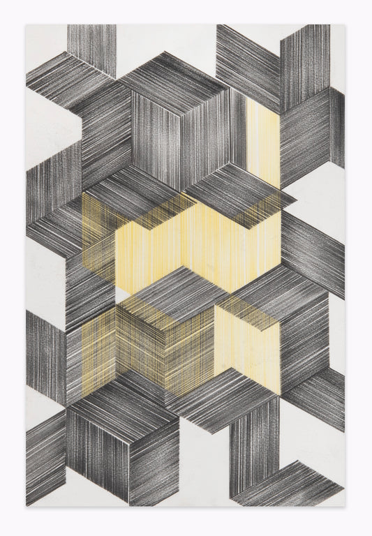 Panya Clark Espinal, Two Equal Volumes (Graphite and Yellow), 2017, graphite and yellow coloured pencil lead on paper, 15" x 10".