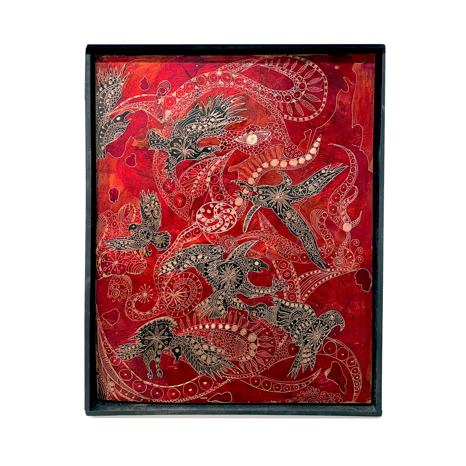 Rocky Dobey, Birds, 2024, asphaltum, ink on copper, size: 12" × 16"