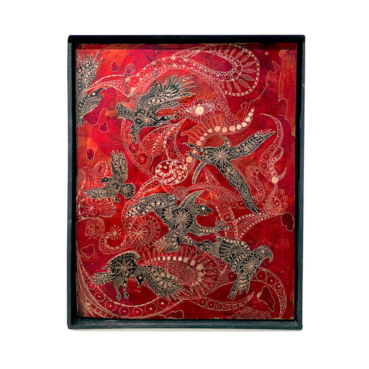 Rocky Dobey, Birds, 2024, asphaltum, ink on copper, size: 12" × 16"