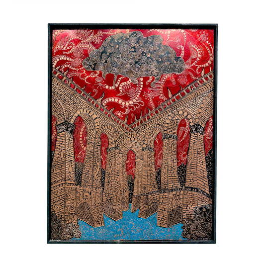 Rocky Dobey, Bridge with Red Sky, ink, asphaltum on copper, size: 24" × 18"