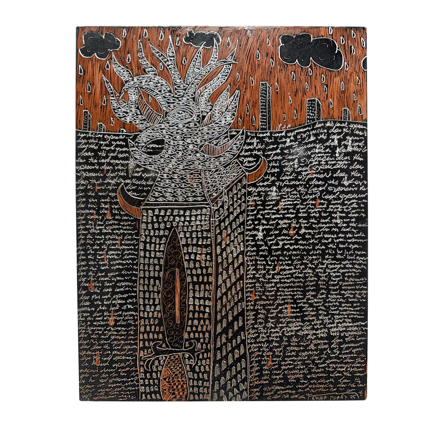 Rocky Dobey, Flaming Tower, asphaltum on zinc, size: 12" x 9"