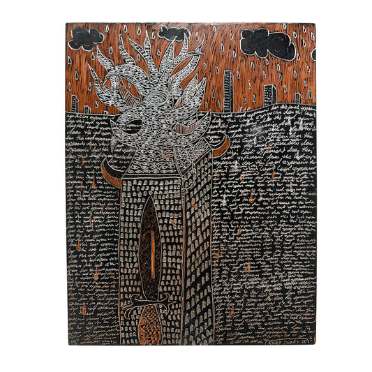 Rocky Dobey, Flaming Tower, asphaltum on zinc, size: 12" x 9"