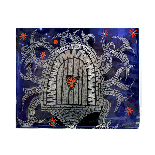 Rocky Dobey, Flower Door, ink, ceramic paint on stainless steel, size: 16” x 13”