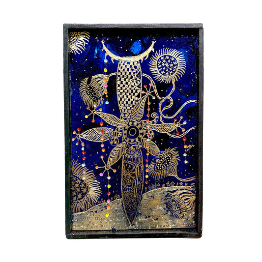 Rocky Dobey, Flower Power, asphaltum, ceramic paint on copper, size: 12” x 24”