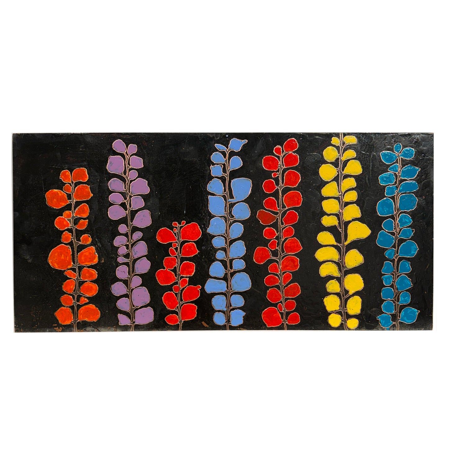 Rocky Dobey, Flower Power, asphaltum, ceramic paint on copper, size: 12" x 24"