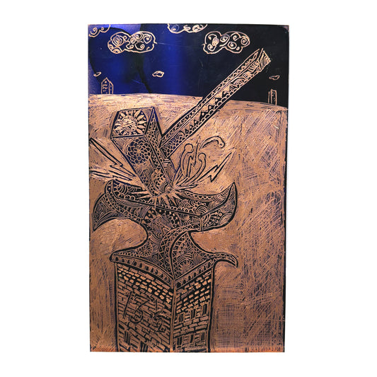 Rocky Dobey, Hammer Tower, ink on copper, size: 6” x 10”