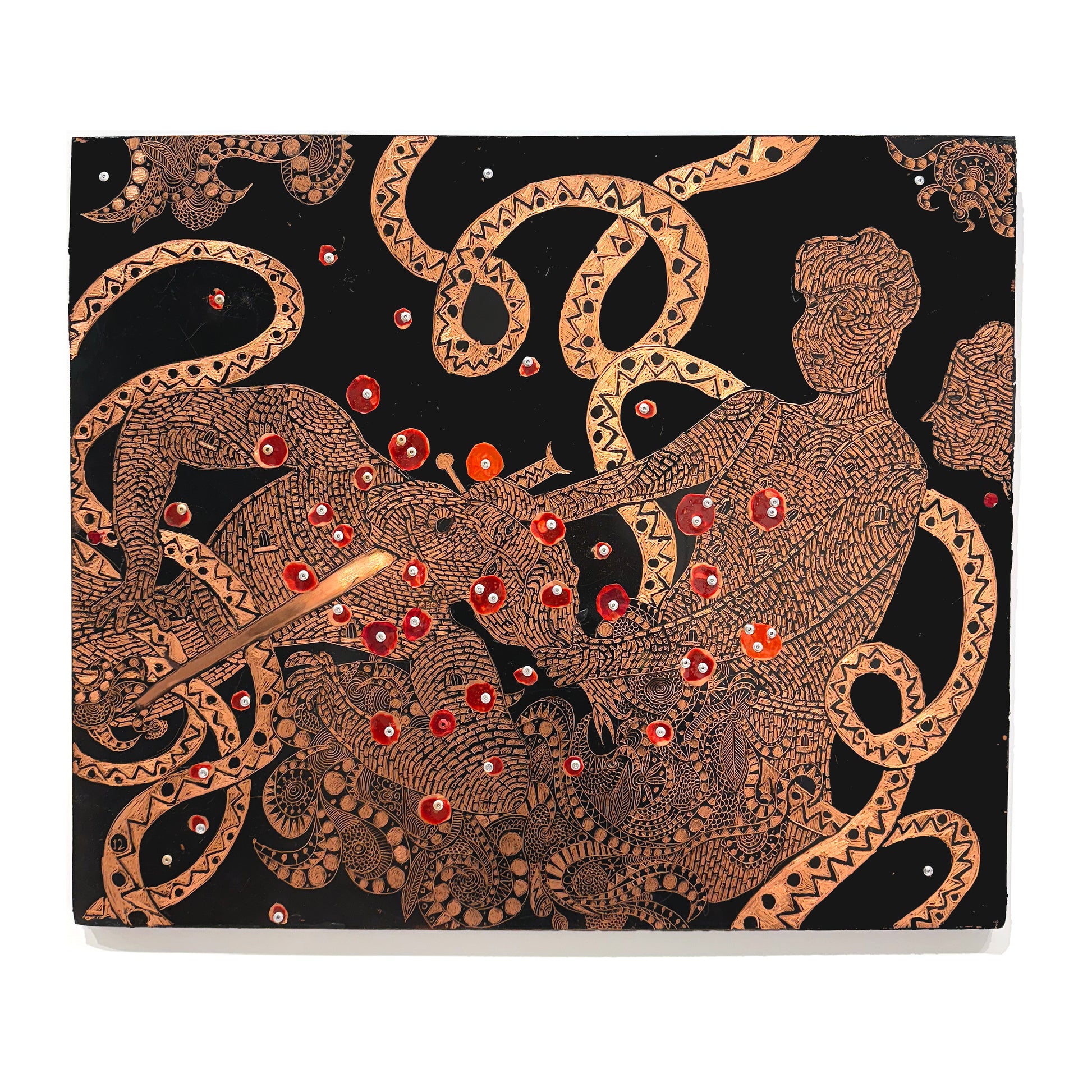 Rocky Dobey, Judith Chopping Holofernes, aspahltum, ink, aluminum rivets on copper, size: 24" x 20"