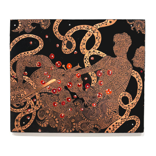 Rocky Dobey, Judith Chopping Holofernes, aspahltum, ink, aluminum rivets on copper, size: 24" x 20"