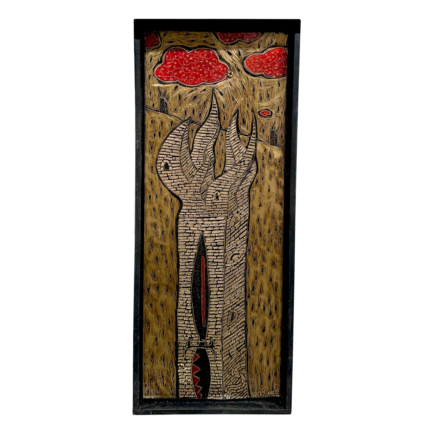 Rocky Dobey, Flaming Tower, asphaltum on zinc, size: 12" x 9"