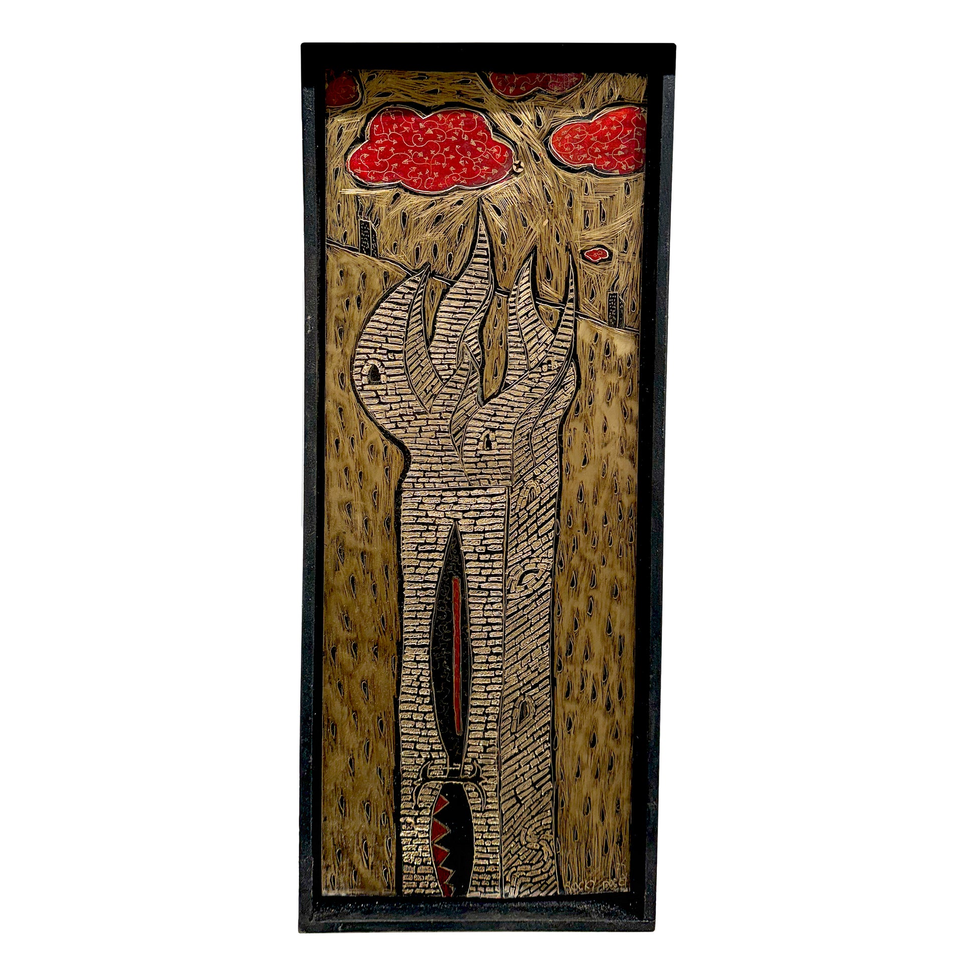 Rocky Dobey, Flaming Tower, asphaltum on zinc, size: 12" x 9"