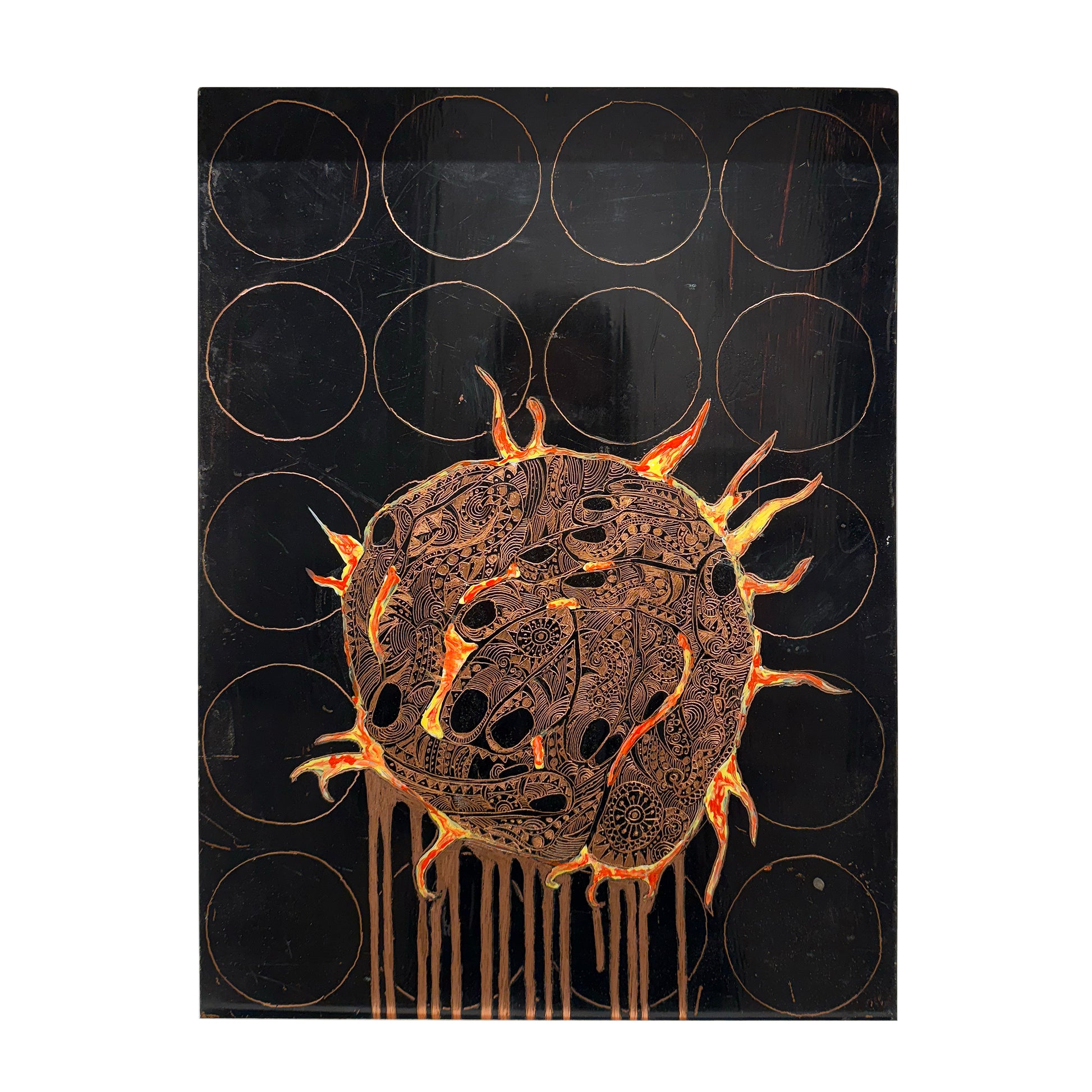 Rocky Dobey, Sun Hand, asphaltum, ceramic paint,  size: 16" x 12"