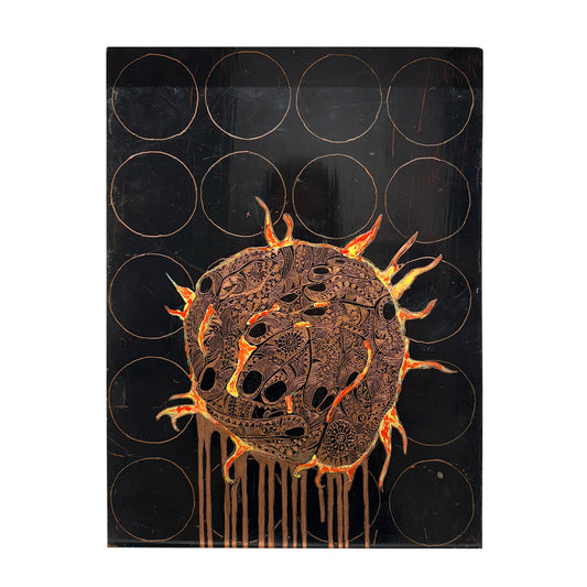 Rocky Dobey, Sun Hand, asphaltum, ceramic paint,  size: 16" x 12"