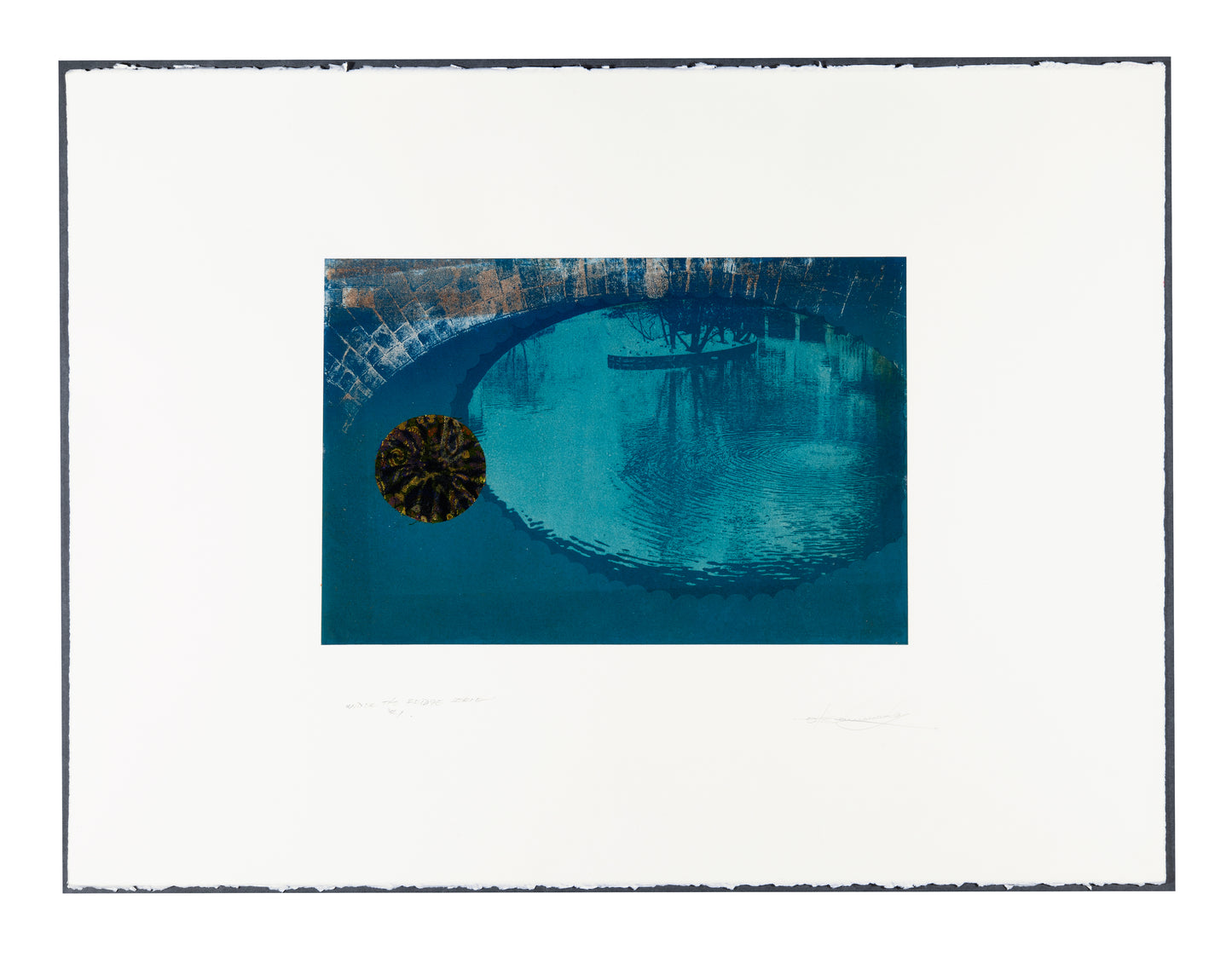 Otis Tamasauskas, Under the Bridge Series #1, 2024, lithograph with collage fabrics, 1/1, paper size: 22.5" x 30"