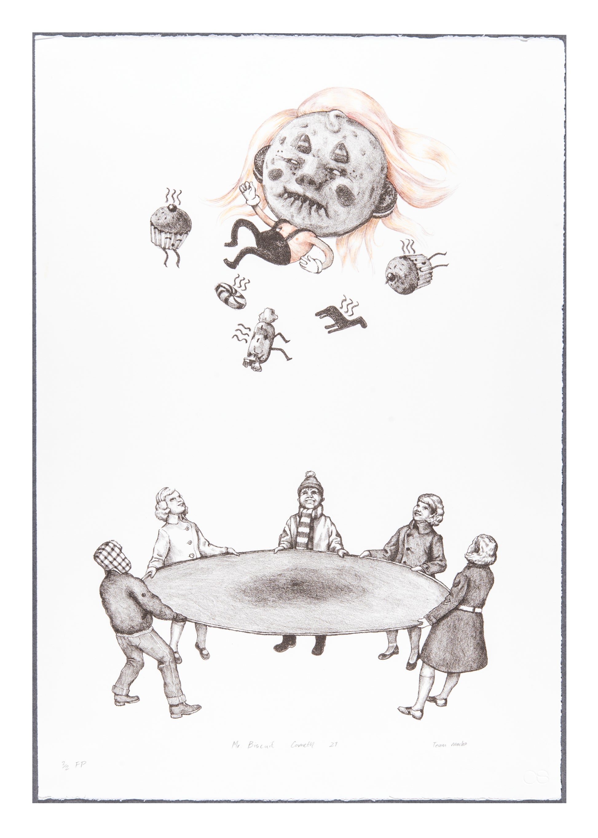 Team Macho, Mr Biscuit Cometh 21, lithograph, F/P 2/2, 22" x 15", deckled edges.