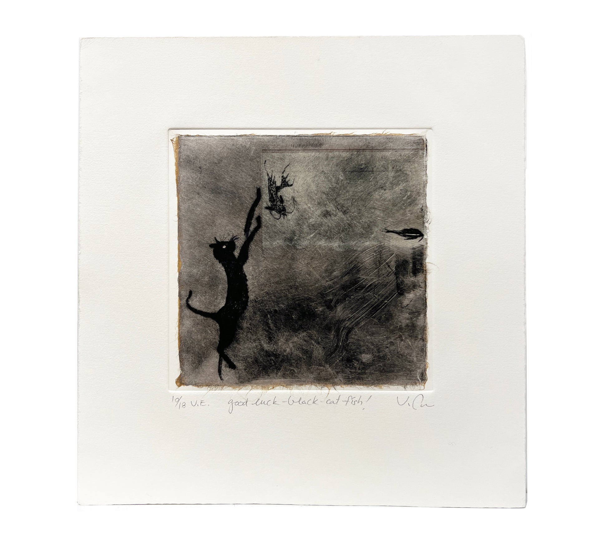 Kurt Pammer, Good Luck Black Cat Fish!, Drypoint print