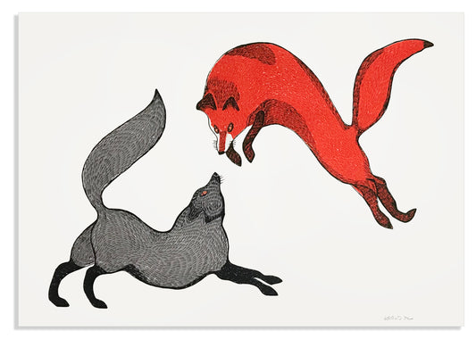 Quvianaqtuk Pudlat, 2020, Playful Foxes II, screenprint on paper, edition of 30, 22" x 30".