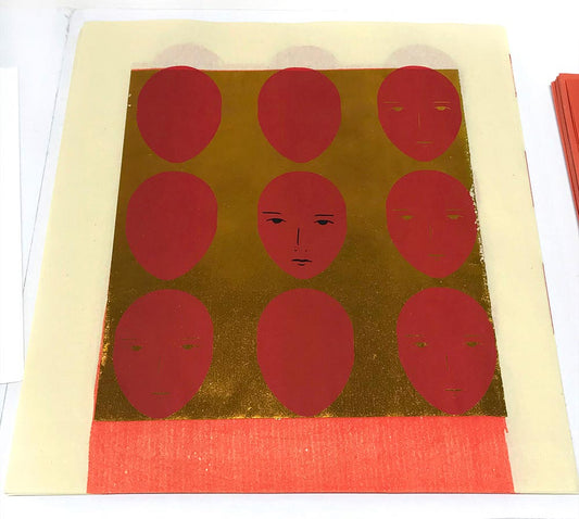 Annie Wong, 一百鬼 / 100 Ghosts, 2020, folio of 37 small screenprints on red joss paper, 7 medium screenprints on cream joss paper, and a contract of care, edition FP (fundraising proof), paper sizes: small 8" × 7", medium 12" × 11"